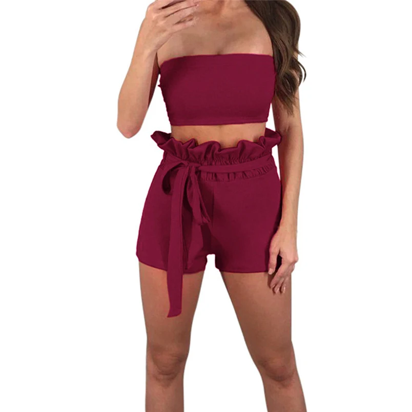 Sexy Women Summer New Brand Sets Solid Off The Shoulder Sleeveless Beach Hot Sale Vest Blouse + Shorts Two-Piece Outfit #J25 (12)