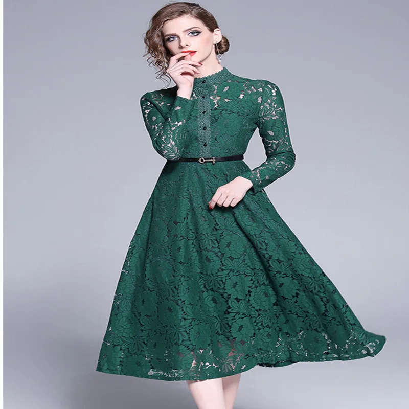 Vintage Slim Women Green Lace Long Party Dress Autumn Long Sleeve