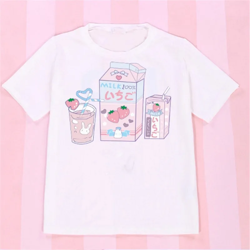 

Summer Brand cotton women T-shirt Shoulder Off Tops Kawaii Strawberry milk box Tee Blusa Listrada Feminina tops off white