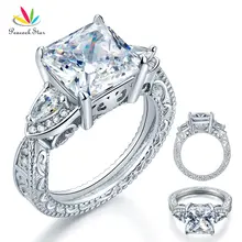 Estrellas De Lujo del pavo real 3-Stones Esterlina del Sólido 925 Silver Wedding Promise Ring Estilo Vintage 4 Ct Princesa Diamante Creado CFR8237
