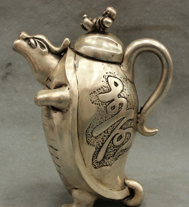 

S4184 8'' Chinese Folk Silver Turtle Body Boy Statue Fu Longevity Tea Wine Pot Flagon D0317