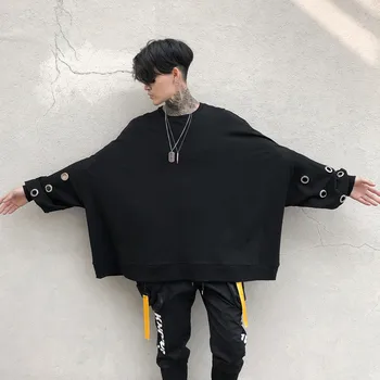 

Men High Street Fashion Punk Gothic Hoodie Coat Rivet Bat Sleeve Loose Pullover Sweatshirt Oversize Sweatshirt