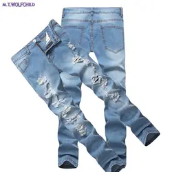 2018 мужские джинсы мужские потертые дыры джинсы с пэчворком повседневные Прямые тонкие эластичные локомотивные мужские синие джинсы 28-42