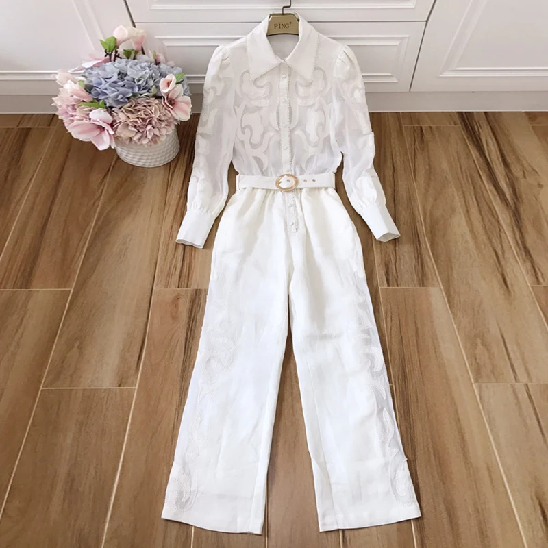 New High Quality Designer Runway Women's Jumpsuits European Autumn 2018 Embroidery Patchwork Linen Jumpsuit + Belt