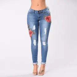 Цветы вышивка Для женщин джинсы цветок обтягивающие джинсы узкие брюки с вышитыми тощий леди рваные брюки