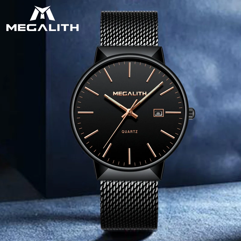 

MEGALITH Diamond Mesh Mens Watch calendar Black Waterproof Quartz Clock Simple Design Date Business Stainless Steel Montre