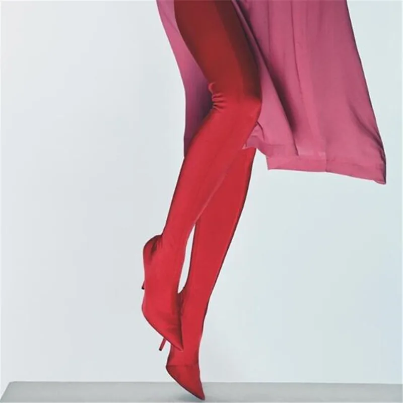 Le rouge À Chaussette 2017 Sexy Chaussures rose Date Stretch rose Pointu Mode Hauts Femme De Genou Noir Rouge Talons Sur Femmes Bout vert Bottes SzMpUV