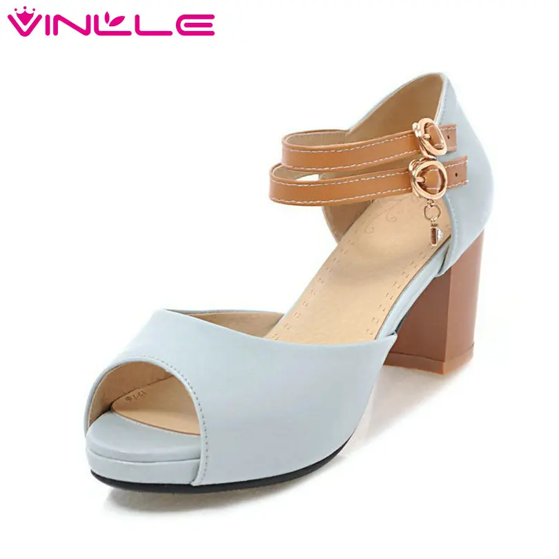 

VINLLE 2018 Elegant Women Pumps PU Leather Peep Toe Platform Ankle Strap Square Med Heel Ladies Wedding Shoes Size 34-43