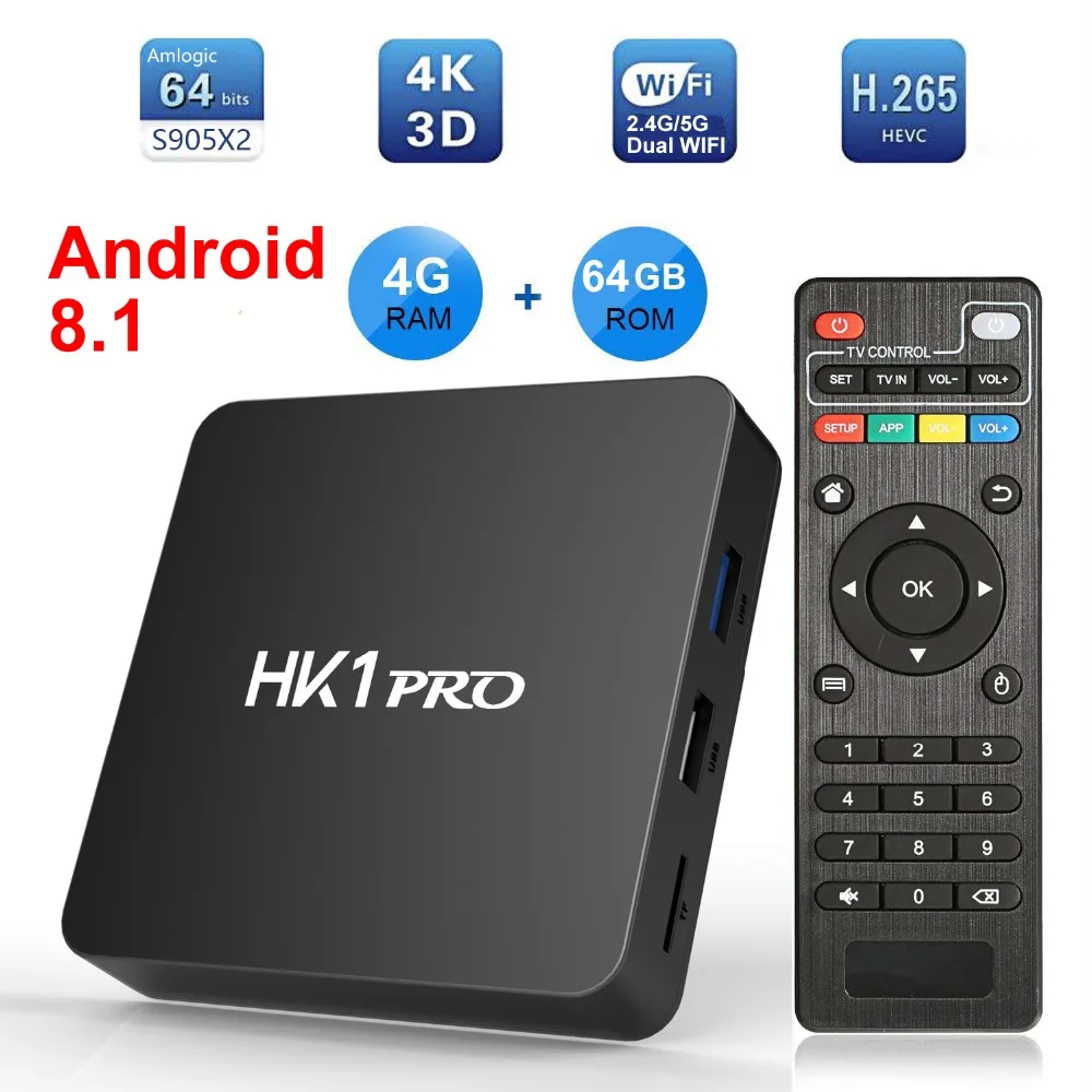 

HK1 PRO Smart TV BOX Android 8.1 DDR4 4GB Ram 64G Rom Amlogic S905X2 Quad Core USB3.0 2.4G/5G Dual WIFI Bluetooth 4K Set Top Box