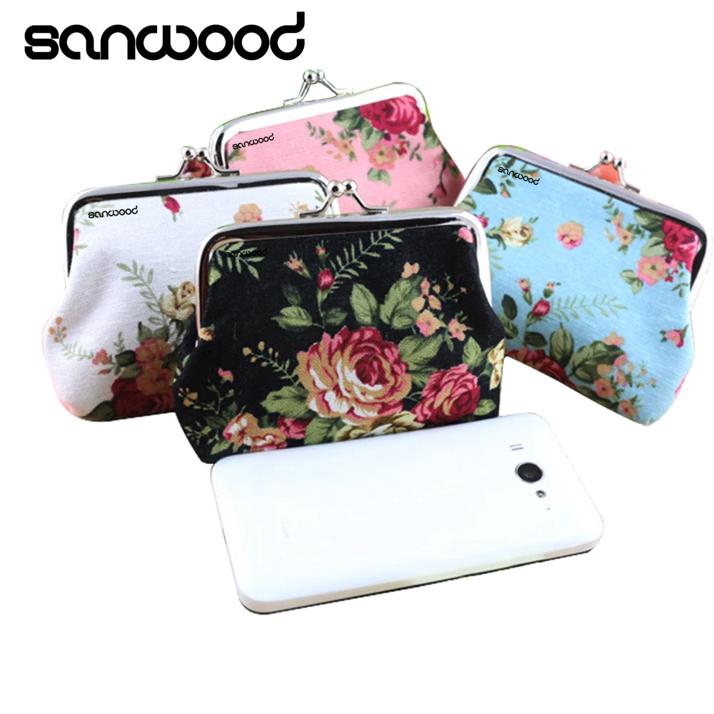 Mini Rose Printed Canvas Hasp Zero Purse Key Coin Card Holder Wallet Clutch Bag Carteira кошелек женский monedero mujer