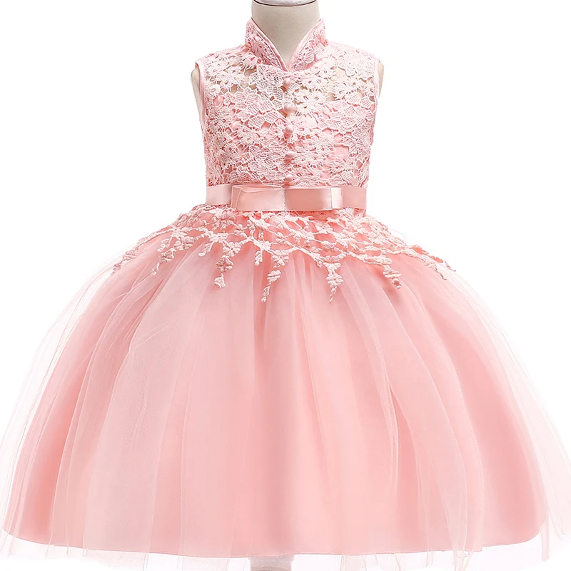 

2018 Summer V-neck Lace Princess dress girls elegant dresses for children sleeveness Flower lace birthday girl party dresses