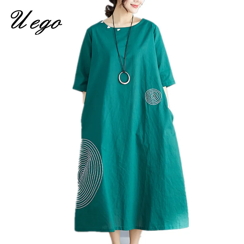 green Uego Новое поступление свободное летнее платье из хлопка и льна модное винтажное платье с вышивкой размера плюс женское Повседневное платье миди - Цвет: green