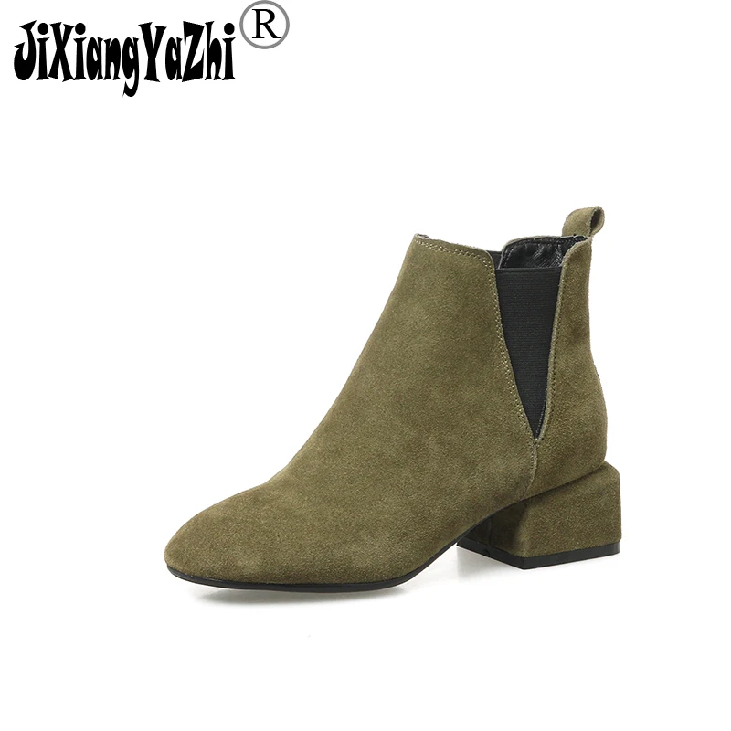 

JIXIABGYAZHI Brand 2018 Winter Cow SuedeChelsea Boots Pointed-toe Ankle Elastic Band Buckle Med Women's Shoes # A-068