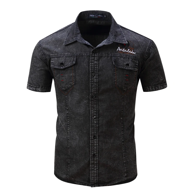 Новая мужская рубашка с коротким рукавом рубашка из джинсовой хлопковой ткани ностальгическая Военная рубашка высокого качества хлопок