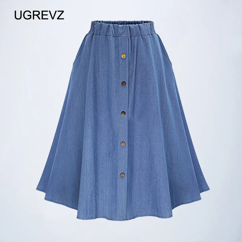 Для женщин модная джинсовая юбка на пуговицах А-образного силуэта средней длины юбка голубая одно-однобортная юбка 2018 Повседневное летняя