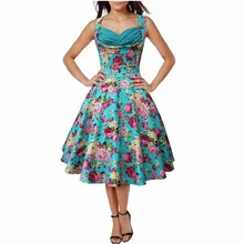 Punk Style Sky Blue Printed Flower Summer Young Lady Swing Dress Rockabilly Retro Pin Up Dress L36105-2