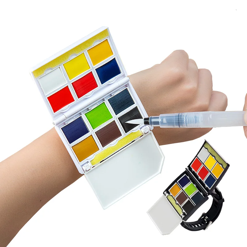 

Creative Watch type Portable 12/24Colors Pigment Solid Watercolor Paints Set With Paintbrush Pigment Set best gifts Art Supplies