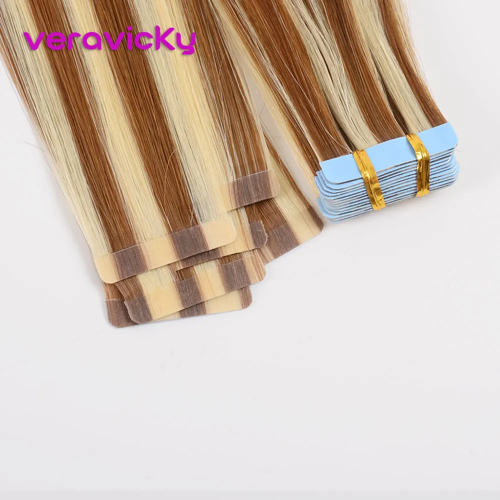 

veravicky 16" 18" 20" Tape in Human Hair Extensions Straight Remy On Adhesive Invisible PU Weft Extensions P6/613 (10pcs 20pcs)