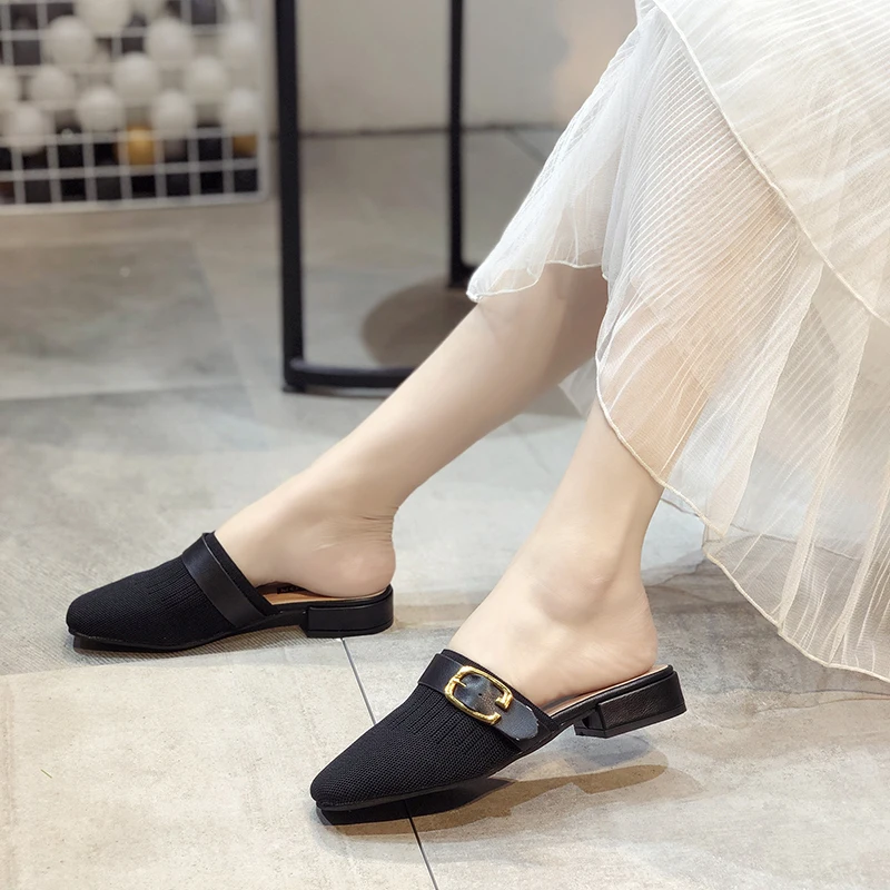 Женские сланцы на лето с квадратным носком низком каблуке тканые пляжные туфли