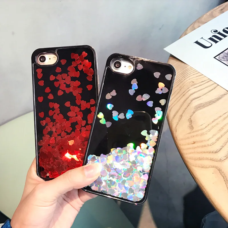 Чехол с переливающимися сердечками черный ПК Жесткий для iPhone 6 блестящий