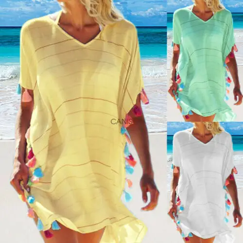 Summer V Neck Women Bath Suit Bikini Striped Swimwear Cover Up Beach Dress Sarong Wrap Pareo Sundress