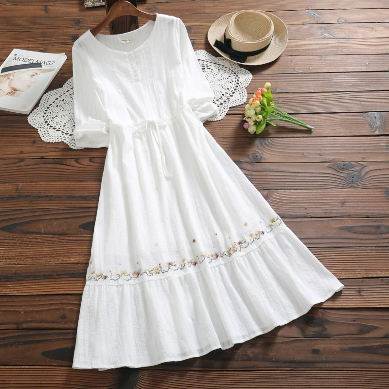 Sweet Mori Girl White Cotton Long Dress Autumn Spring Casual Loose Midi Vestidos Femininos Full Sleeve Floral Embroidery Dresses