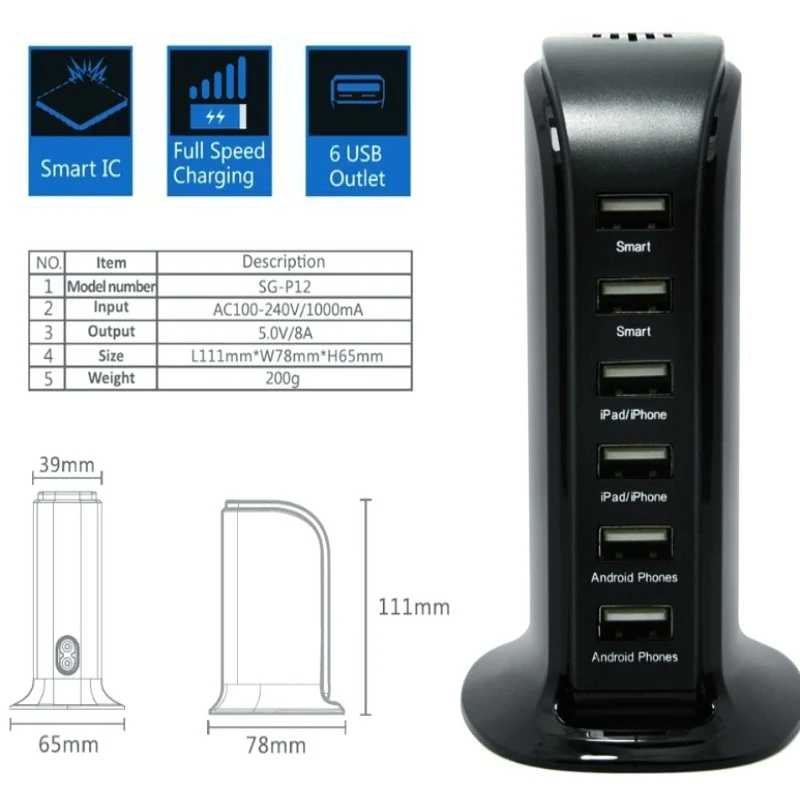 6 портов USB зарядное устройство быстрозарядная станция всего 6А Один Макс 2.1A для смартфона гарантия