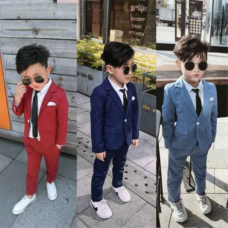 

Boy Red Blue Suit Wedding Clothing Coat + Pants Kids Costume Host Stage Performance Watch Boy Costumes Kids Prom Red Suits 16