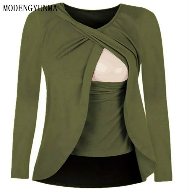 MODENGYUNMA Maternity Dress New Long Sleeve Round Neck Breast-feeding Maternity Clothes Leisure Solid Colormaternity Tops