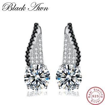 

[BLACK AWN] Genuine 925 Sterling Silver Earrings for Women Black Spinel Engagement Stud Earrings Sterling Silver Jewelry T117