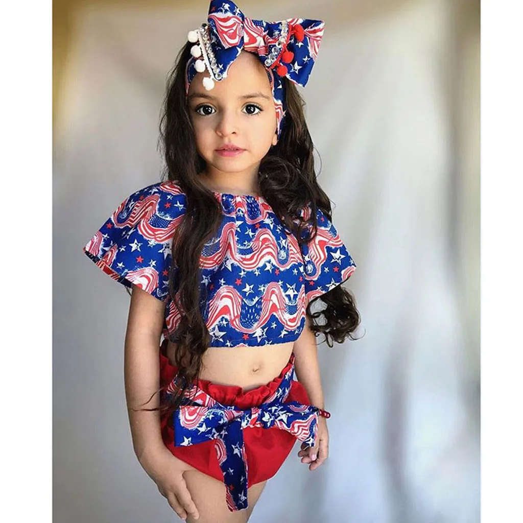 

2019 the design hot Toddler Baby Girl 4th of July sets Striped Star Print Tops+ bow knot Shorts Outfits costume Set chandal niño