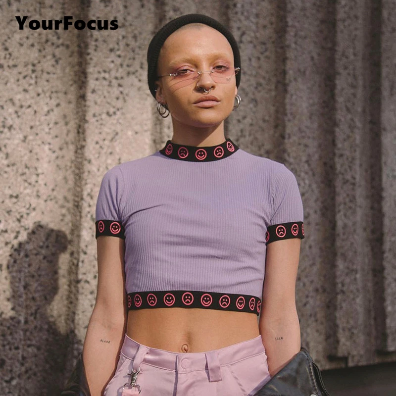 

Ins hot fashion cute kawaii sweet girl cropped harajuku purple Smile crop top short-sleeve women short tight tops