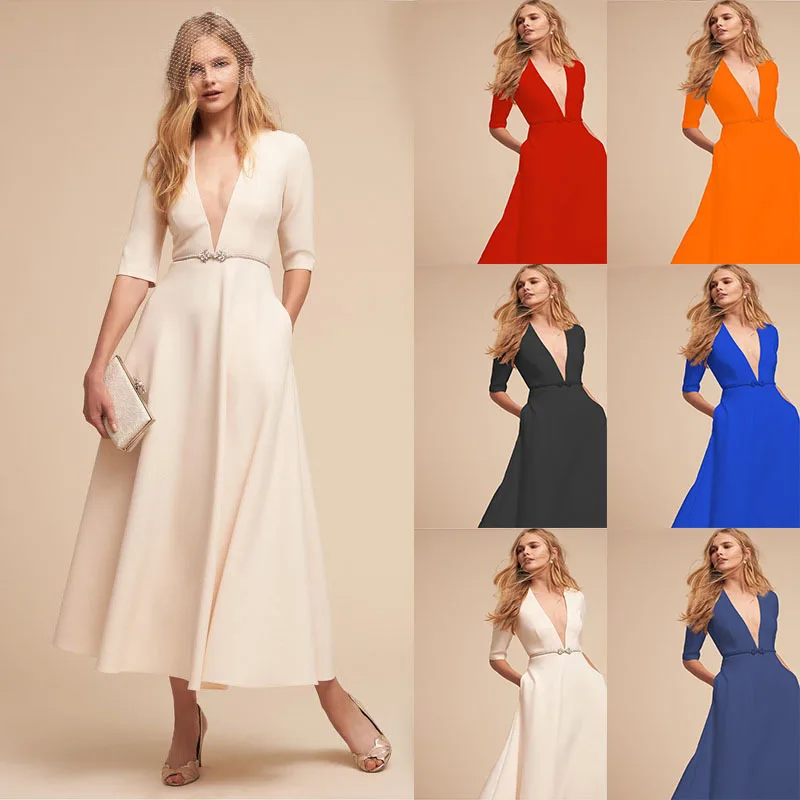

New Fashion Women Summer Mid-Calf Deep V-Neck Sexy Dress Party Elegant Maxi Long Dresses Women Clothes 2019 Vestidos Hot Sale