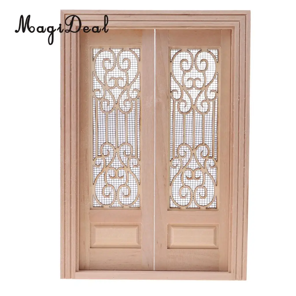 MagiDeal 1/12 Scale Dollhouse Miniature Wood External Hollow Screen Double Door Unpainted Furniture for Dolls House Accessory