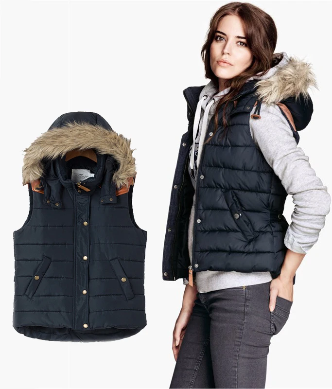 new women's Winter sleeveless jacket women shoulder detachable fur collar vest cotton padded