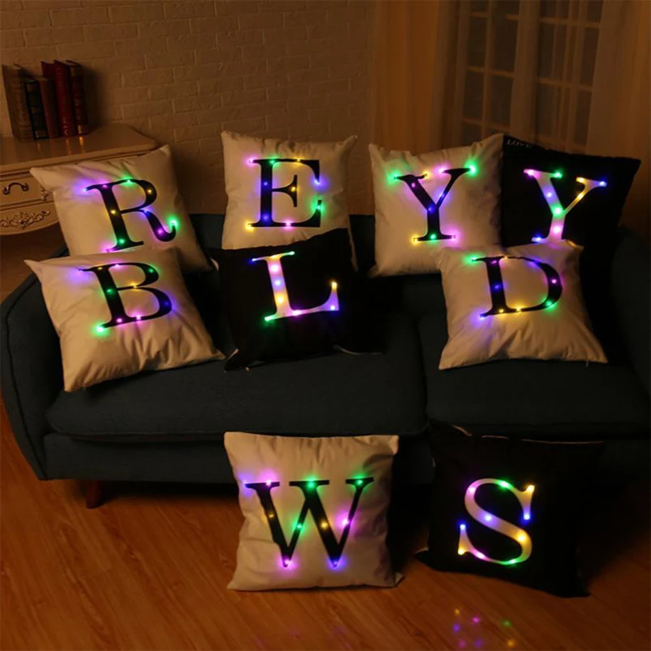 

LED Alphabet Lighting Cushion Cover Home Decor Throw Pillowcase Sofa Flashing 27 Letters LED Pillow Lighting
