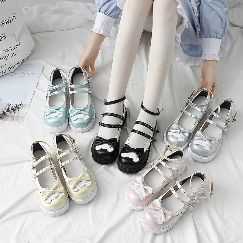 

Harajuku Preppy style Japanese Kawaii Bow Round Toe Platform Shoes Sweet Lolita Cosplay Uniform Princess Buckle Straps Shoes