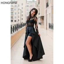HONGFUYU из атласа с длинным рукавом Вечерние платья макси женские robe de soiree Формальные короткие спереди длинные сзади сексуальные кружевные вечерние платья для выпускного вечера