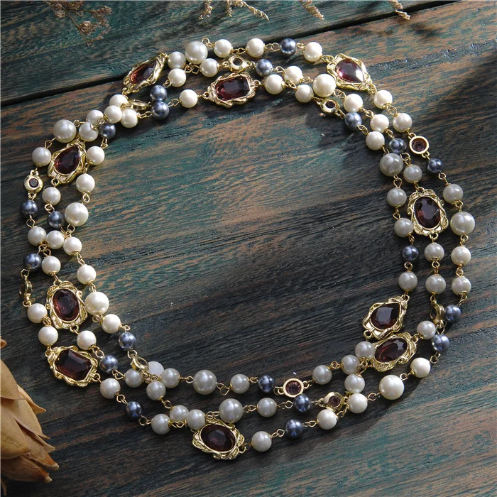 

New cross tassel red stone glass pearl necklace long sweater chain