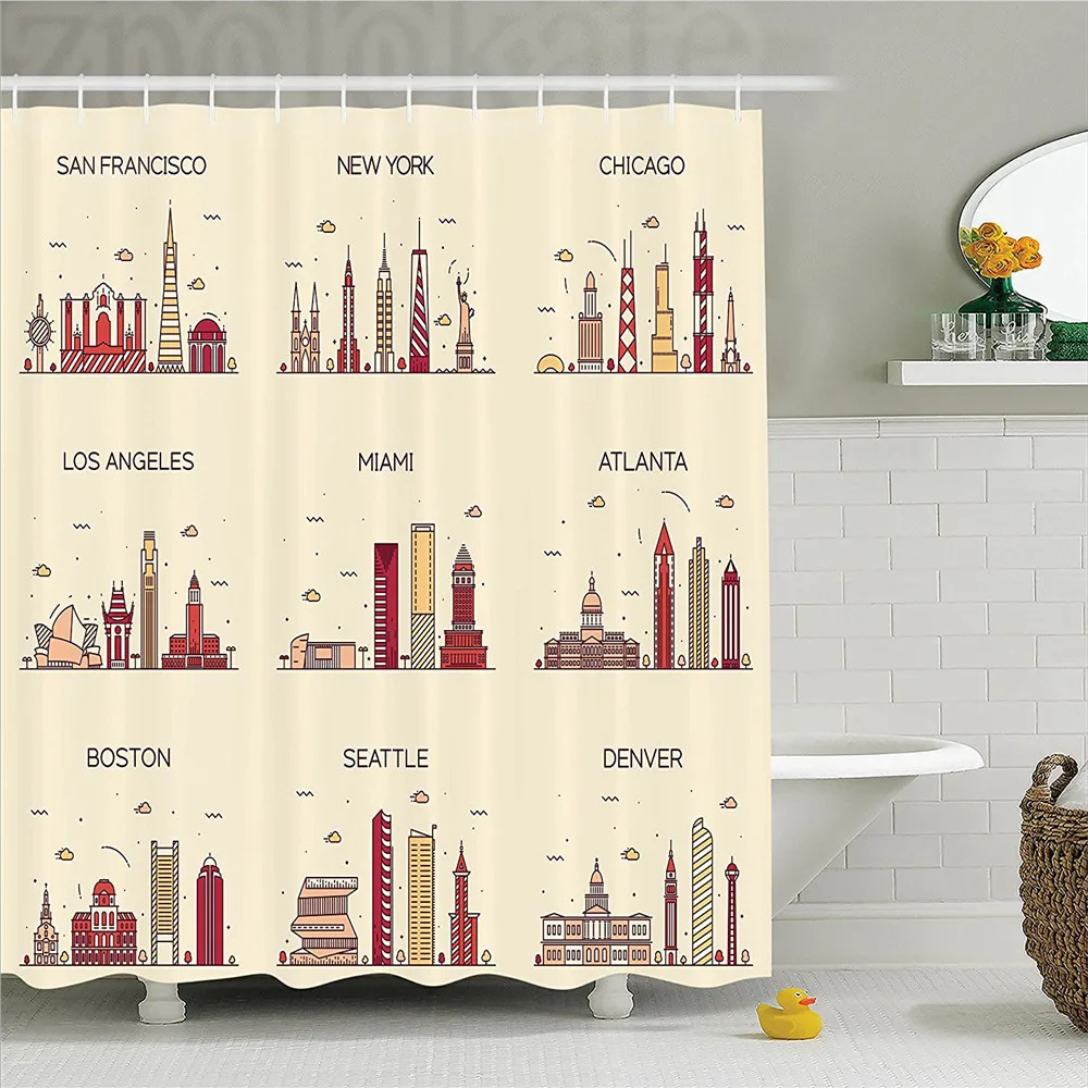Apartment American Cities San Francisco New York Chicago Los Angeles Miami Silhouette Print Polyester Bathroom Shower Curtain Se | Дом и сад