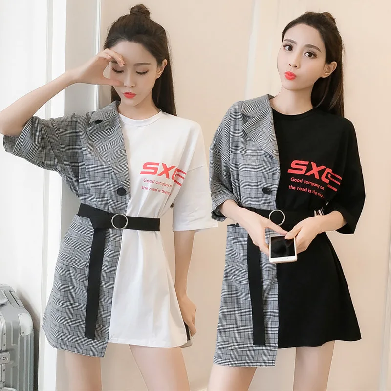 

kpop BLACKPINK 2019 summer new fake two-piece white dress female trend splice plaid dresses women streetwear Harajuku clothes