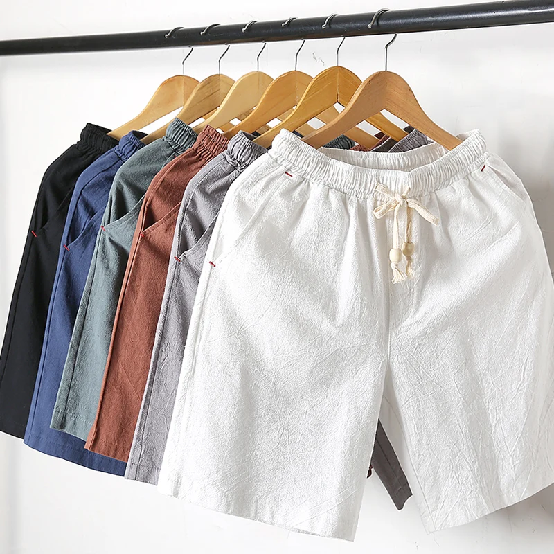2018 summer New Fashion Mid Elastic Waist Loose Casual Solid Quality Summer New Flax Man Blue White Beach Thin Linen Men Shorts
