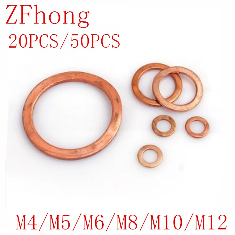 

50pcs/20pcs M4 m5 m6 m8 m10 m12 Solid Copper Washer Flat Ring Gasket Sump Plug Oil Seal 10*14*1 Flat Seal Washer Copper gaskets