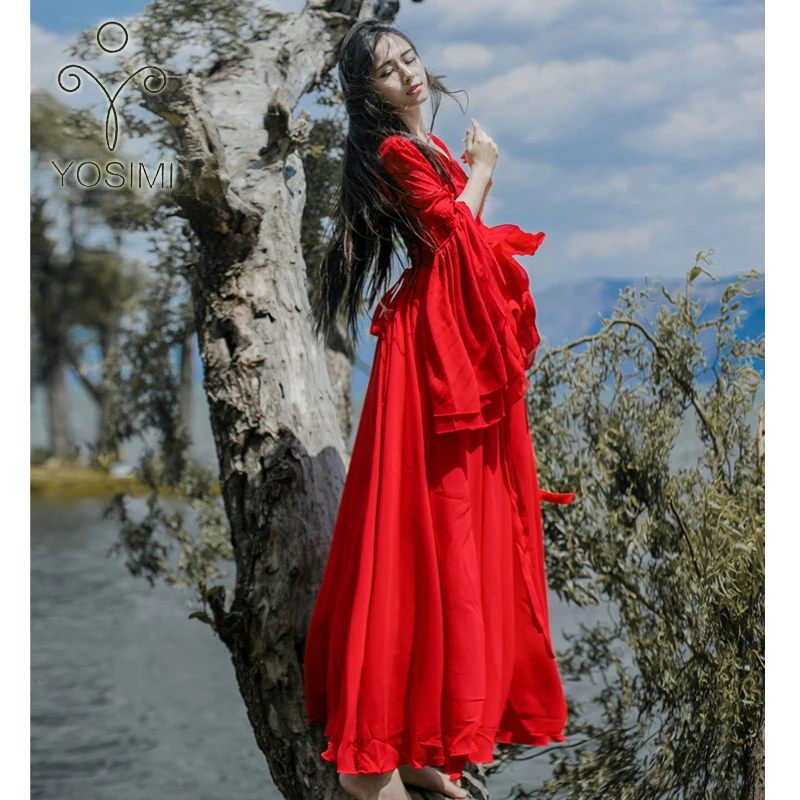 YOSIMI 2017 Summer Maxi Elegant Chiffon Vintage Long Dress  For Travel  O-neck Beach  Long Dresses Butterfly Sleeve Tunic female