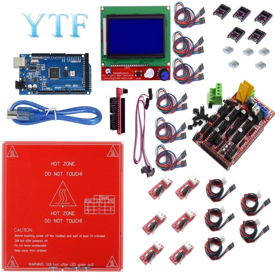 Free Shipping Ramps 1.4 kit + Mega 2560 Heatbed mk2b 12864 LCD Controller DRV8825 Mechanical Endstop+ Cables 3D Printer | Компьютеры и