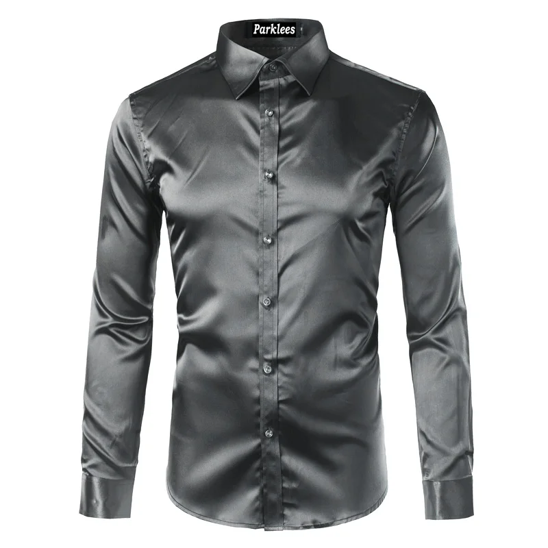 Новый золотой шелковый атлас рубашка Для мужчин Chemise Homme Мода 2017 г. Для мужчин s Slim Fit с длинным рукавом эмуляции шелк кнопка вниз платье