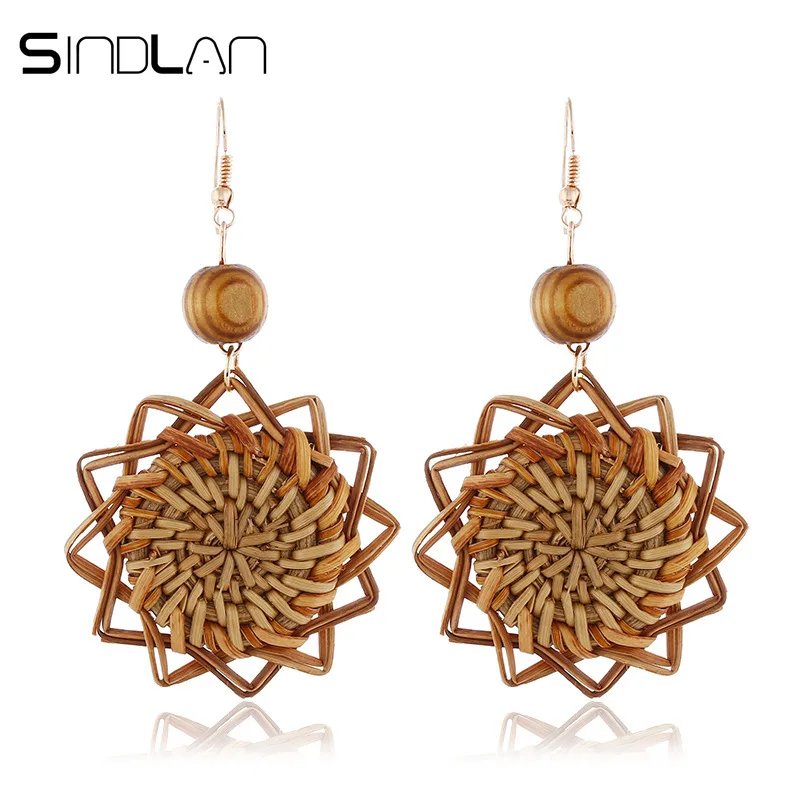 

Sindlan Stylish Rattan Knit Handmade Dangle Earring Set Bohemia Girls Earrings Ear Hook Summer Vacation Ear Jewelry for Women