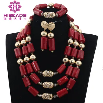 

Traditional Wedding Beads Jewelry Sets Wine Red Coral Bridal Jewelry Sets Gold Nigerian Dubai Jewelry Sets QW1200