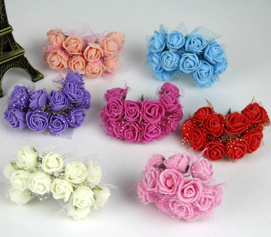 

12PCS Artificial Flowers Colorful Fake Roses With Chiffon For Rose Bear Wedding Decoration DIY Craft Headwear