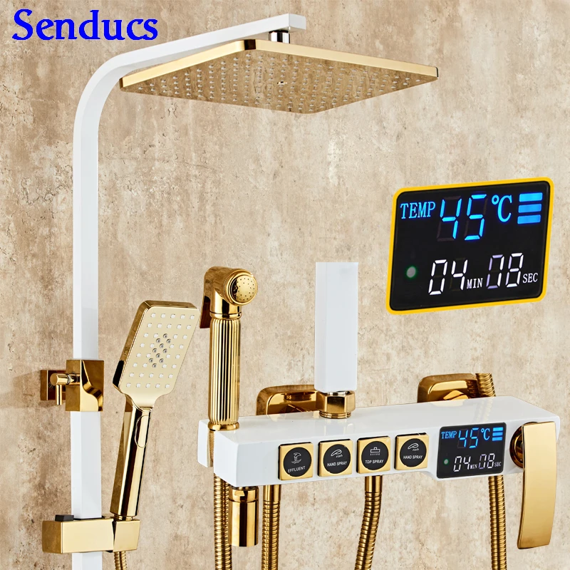 Senducs, цифровой душевой набор, белое золото, Душевая система для ванной, с высококачественной латунной Золотой ванной, температурная душевая серия